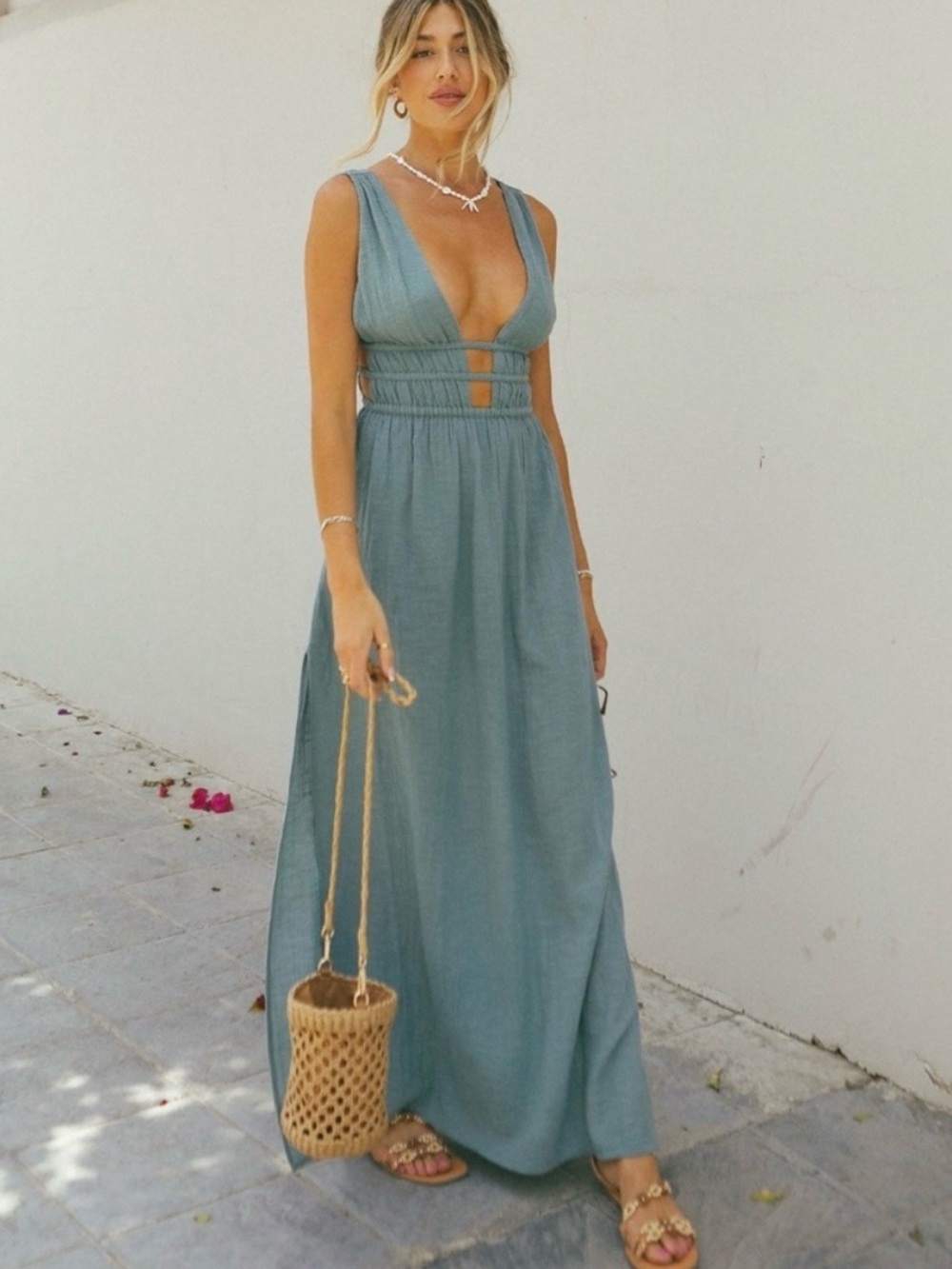 L*Space Sleeveless Deep V Maxi Dress in Dusty Teal